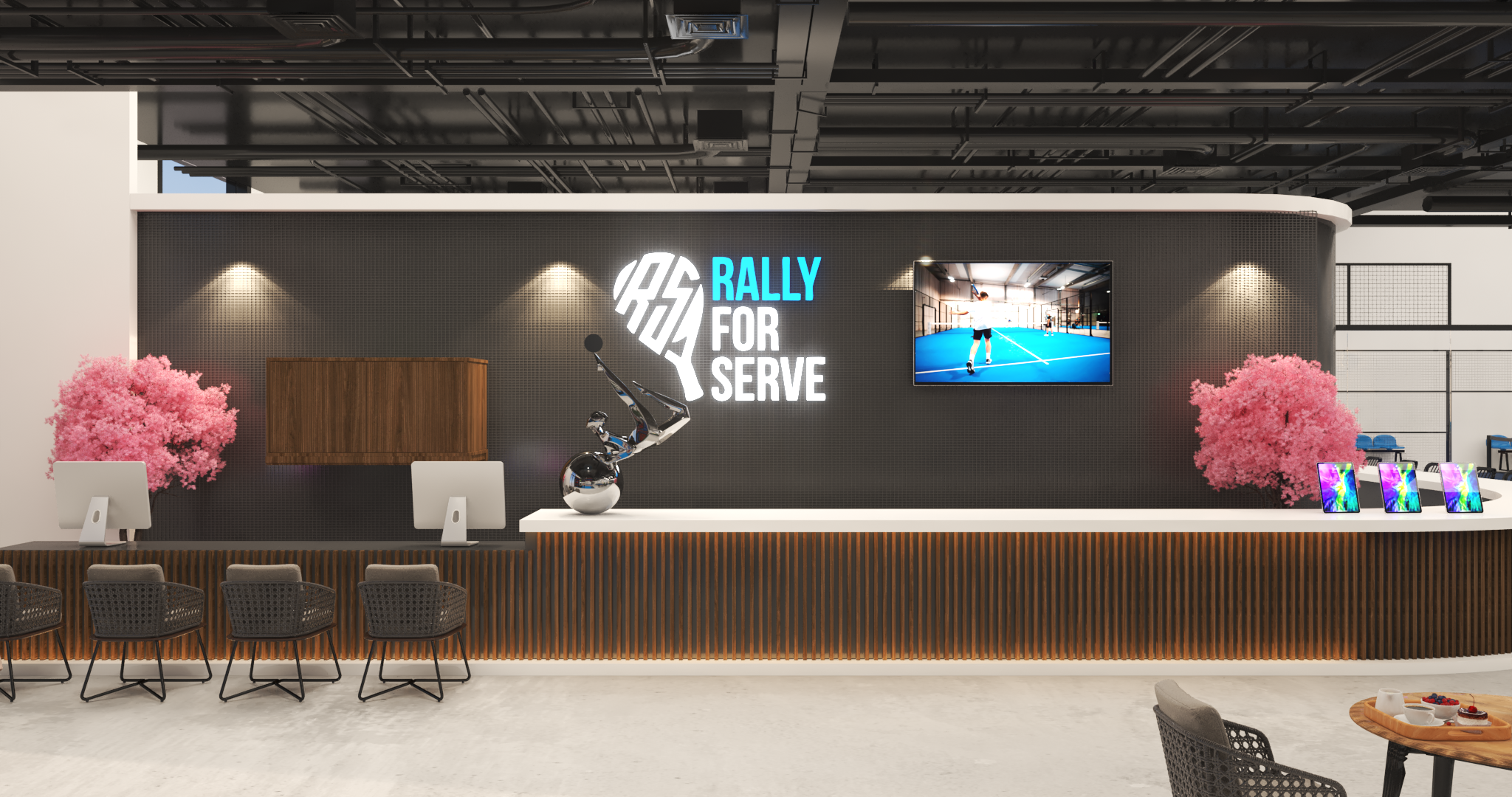 Rally for Serve front desk and logo wall