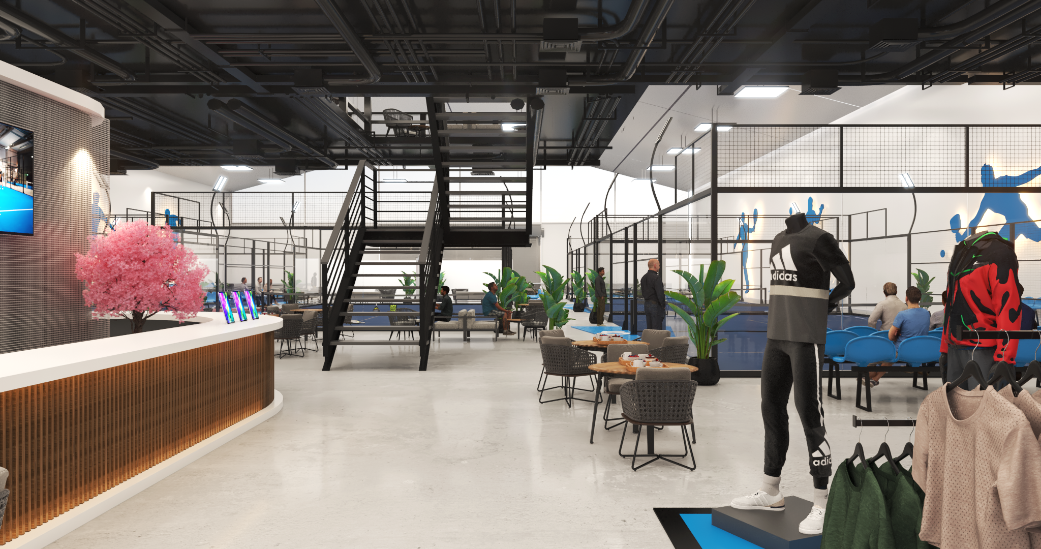 Facility interior with mezzanine and courts