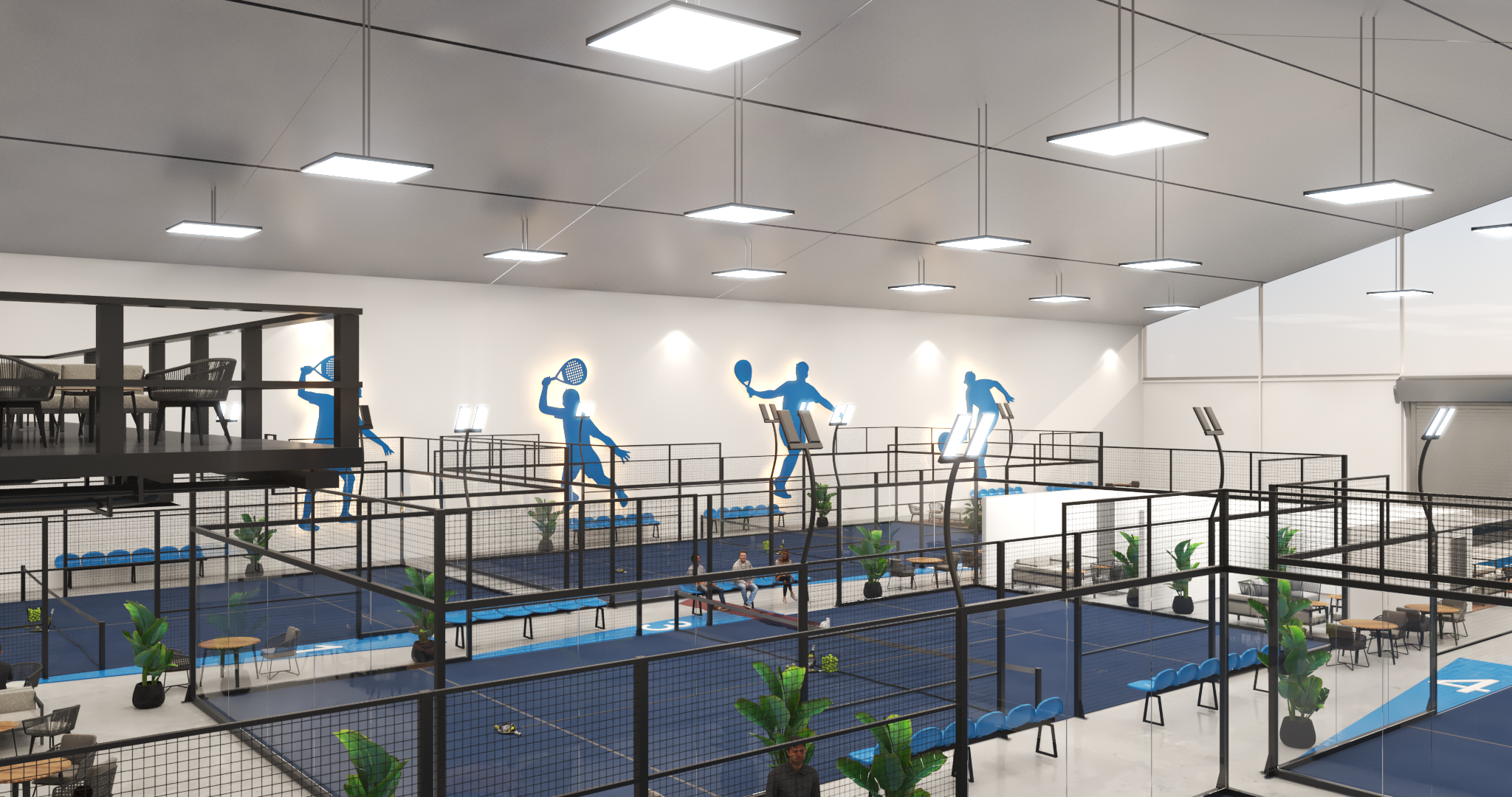 Padel courts with viewing areas and murals